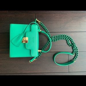 Kelly green leather cross body bag